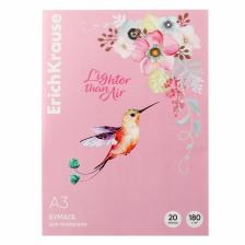 Бумага для акварели А3, 20 листов, ErichKrause "Колибри", блок 180 г/м?, 100% белизна, картонная папка