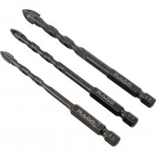 Набор сверл по стеклу и керамике Quadro-X HEX 3 шт. RAGE Сверло используется для сверления отверстий в стекле, мраморе, керамической и кафельной плитках. Сверло выполнено из высококачественной инструментальной стали, режущие кромки выполнены из сплава карбида вольфрама, что обеспечивает высокую прочность и долгое сохранение режущих качеств инструмента даже после длительного использования. Четырехгранная копьеобразная рабочая часть сверла позволяет быстрее сверлить материал и получать более чистое отверстие, а также увеличивает ресурс сверла вдвое. Широкая спираль с антикоррозийным покрытием обеспечивает более быстрый вывод шлама и снижает его налипание на спираль. Сверление с водой обеспечивает более бережное и качественное сверление. Фосфатное покрытие повышает износостойкость, увеличивает твердость и защищает от коррозии, что позволяет сохранять качество и внешний вид оснастки в первоначальном виде в течение долгого времени. Шестигранный хвостовик делает оснастку применимой не только к электроинструментам оснащенных зажимным патроном, но и с патронами типа НЕХ. Характеристики:Тип: копьевидныеВид: спиральныеКоличество граней (шт): 4Тип хвостовика: шестигранный (1/4HEX - E)Материал напаек: инструментальная сталь CS45, YG6XДиаметр х Длина сверла №1 (мм): 5 х 94Диаметр х Длинасверла №2 (мм): 6 х 100Диаметр х Длина сверла №3 (мм): 8 х 105Назначение: для сверления отверстий в стекле, мраморе, керамической и кафельной плиткахСовместимость: шуруповерт, дрель в безударном режиме