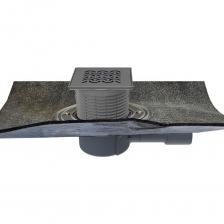 Трап с горизонтальным выпуском DN 40/50, с корпусом из полипропилена ,надставным элементом KLICK-KLACK, с полимербитумным полотном 500х500 мм , с «сухим» сифоном Primus blue, с дизайн-решеткой из нержавеющей стали.