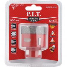 Алмазные коронки P.I.T. AMAS18 серии DRUA предназначены для сверления отверстий в керамограните, натуральном и искусственном камне, керамике, кирпиче и мраморе. Благодаря широкой алмазной кромке, выполненной по технологии вакуумного спекания алмазов, коронка имеет высокий ресурс и скорость сверления отверстий в материале. Хвостовик с внутренней резьбой M14 позволяет использовать коронки с угловыми шлифовальными машинами. Возможно использование коронок как для сухого, так и для мокрого сверления. Использование охлаждающей жидкости позволяет увеличить срок службы коронки и скорость работы. Нанесение алмазов при помощи технологии вакуумной пайки Широкий алмазный слой Возможность использования при сухом и мокром сверлении Хвостовик с внутренней резьбой М14