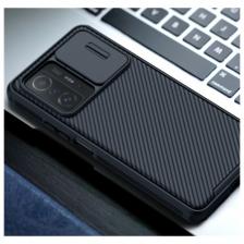 Чехол панель-бампер MyPads из прочного пластика с закрывающейся камерой и матовой отделкой под карбон для Xiaomi 11T / 11T Pro с защитой шторкой .