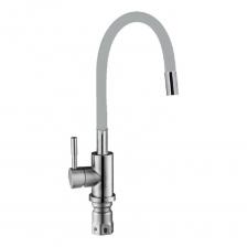 Смеситель для кухни боковой однорукояточный, картридж 35мм. Цилиндрическая форма рукоятки. Материал корпуса - нержавеющая сталь. Гибкий излив 50см в силиконовой оболочке. Способ крепления к раковине - гайка.