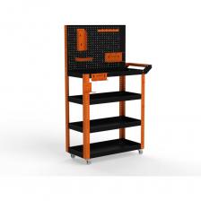 Тележка инструментальная Metalex Тип4 это универсальная и удобная тележка, которая поможет Вам организовать хранение и перемещение Ваших инструментов внутри цеха или гаража. Главная особенность тележек Metalex – это возможность регулировки высоты установки всех полок. Перфорация на стойках сделана с шагом 25 мм. А так же, на все тележки Metalex можно установить большое количество различных аксессуаров. На данных тележках устанавливается верхняя перфопанель, что значительно расширяет возможности хранения. Большое количество полезных аксессуаров мы уже положили в комплект. Но Вы всегда выбрать и доустановить, необходимые именно Вам, из линейки аксессуаров Metalex. Тележка выдерживает нагрузку до 150 кг., а каждая полка до 75 кг. Высота бортика у полок – 50 мм. На тележке установлены два колеса с углом поворота 360 градусов и два колеса, с таким же углом порота, но со стопорным механизмом. Все тележки Metalex окрашены порошковой краской, которая защитит изделие на долгие годы, даже во время интенсивной эксплуатации.