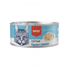 Wanpy Cat влажный корм для кошек, с курицей и треской, в консервах - 95 г повседневный для взрослых с треской породы среднего размера Импортный корм 1 уп. х 24 шт. х 2.28 кг