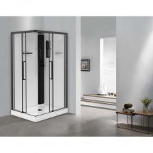 Душевая кабина современной конструкции: с профилями для быстрой сборки и без нижнего алюминиевого профиля (для облегчённого ухода) Низкий поддон (белого цвета) с 5 мм бортиком по краю. Высота корпуса поддона: 50 мм. Высота съёмного экрана: 75 мм; Переднее стекло: «супербелое», прозрачное. Толщина - 5 мм; Заднее стекло: «супербелое», крашеное (цвет: белый). Толщина - 5 мм. Защитное пленочное покрытие; Функциональная панель из ПВХ. Рычажные переключатели режимов и смеситель. Стойка держателя лейки, ручная лейка и шланг из ПВХ (длина – 1,5 м). Полочка для шампуня (ПВХ); Верхняя крыша: «супербелое» стекло толщиной 6 мм, крашеное (цвет - белый). Защитное пленочное покрытие; «Интегрированное» зеркало (размер: 62х50см); Верхний душ из нержавеющей стали, с мягкими прорезиненными соплами; Дверные ручки из нержавеющей стали (длина 46 см); Дверки на двойных роликах (верх) + блок скольжения (низ). Алюминиевые магнитные фиксаторы дверей и «антибрызговики» в цвет профиля; Сифон с защитой от проникновения неприятного запаха (? 90 мм); «L-образный» кронштейн для надёжной фиксации кабины к стене; Матовый черный алюминиевый профиль.