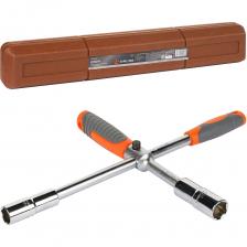 Ключ баллонный крестовой серии PRO изготовлен из высокопрочной Cr-V стали. Имеет повышенный запас прочности. Предназначен для монтажа/демонтажа резьбовых соединений при замене колес на легковых автомобилях. Универсальность данного баллонного ключа заключается в наличии нескольких размеров, тем самым позволяя использовать ключ с большим количеством колесного крепежа. Абсолютно все баллонные ключи производятся по единой технологии на современных автоматизированных предприятиях. Тестирование каждого ключа происходит в собственной испытательной лаборатории в два этапа, что является залогом качества и надежности.