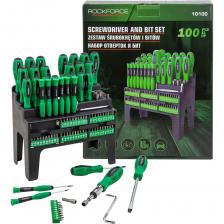 Монофункциональный набор отверток и бит от бренда Rockforce — это универсальный и профессиональный комплект инструментов, предназначенный для работы с крепежами различных типов и размеров.Основные характеристики:Количество предметов: 100Материал: Высококачественная хромованадиевая сталь для прочности и долговечностиОсобенности: Мощный магнитный наконечник для легкого удержания крепежаЭргономичный дизайн: Двухкомпонентная рукоять отверток с профилированной формой и нескользящим покрытием обеспечивает комфортное использование и снижает утомляемость руки при длительной работе.Удобное хранение: Инструменты поставляются на специальном держателе-подставке с индивидуальными посадочными местами, фиксаторами и выемками, что помогает поддерживать порядок.Подвесной механизм: На обратной стороне подставки предусмотрены две петли для удобного подвешивания набора.Упаковка: Для удобства хранения и транспортировки набор поставляется в блистере.Применение:Набор идеально подходит для профессионального использования в автосервисах и на производстве, а также станет отличным помощником в домашних условиях, на даче или в гараже.Набор отверток и бит Rockforce — это надежный инструмент, который обеспечит высокую эффективность и комфорт при работе с крепежами. Этот комплект станет незаменимым помощником для любого мастера!