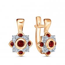 Золотые серьги с гранатом и фианитами с родированием