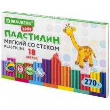 Пластилин мягкий восковой BRAUBERG KIDS, 18 цветов, 270 г, со стеком, 106497
