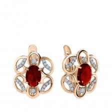 Золотые серьги с гранатом и фианитами с родированием