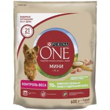 Сухой корм Purina ONE мини Здоровый вес для собак мелких пород, склонных к набору веса, с высоким содержанием индейки и с рисом 600 г х 4 шт