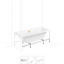 Прямоугольная ванна Pure производится в размерах 17075 и 18080 см и относится к разряду изделий премиум-сегмента. Благодаря усиленному армированному корпусу и просторной купели с тонкими гранями по периметру ванна выглядит легко и может быть установлена в углу, проеме или вровень с полом. Удобные пологие спинки и смещенный в центр ванны слив позволяют максимально комфортно расположиться и принимать водные процедуры вдвоем. Основа ванн из литьевого акрила — жесткий 4 мм лист полиметилметакрилата (ПММА), который помещают в вакуум-формовочное оборудование и под большим давлением заполняют матрицу будущей ванны. Для максимальной прочности конструкции по всему основанию купели закладывается усиленная плита ДСтП, а внешняя сторона покрывается смесью полимера с отвердителем и ровингом. После отверждения в ванне высверливают отверстия для слива-перелива. Сифон-автомат Useful Extras от Wellsee изготовлен из полипропилена высокой термической стойкости и прочности, неуязвим к воздействию агрессивных химических средств. Самоочищающаяся форма и изгибы сифона препятствуют скоплению грязи внутри обвязки и поддерживают высокую пропускную способность — 50 л/мин. Конструкция ванны предполагает установку на поперечные ножки или усиленный металлический каркас с максимальной нагрузкой до 500 кг и предусматривает дополнительную фиксацию к стене. Наличие регулировок на каждой ножке и распорках обеспечивает удобство установки на различных поверхностях.