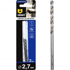Сверло по металлу 2,7 мм GRAFF - средняя серия. Отличное сверло по металлу из быстрорежущей стали HSS 4341, изготовленное методом вальцевания (продольно-винтовой прокат) c вышлифованной кромкой, класс точности В1. Угол при вершине 135 градусов и крестовая подточка обеспечивают отличное сверление металла без предварительного засверливания. Сверло изготовлено по ГОСТ 10902-77 (DIN 338) и предназначено для сверления отверстий в легированных и нелегированных сталях, ковких и серых чугунах.Размер сверла: - 2,7x33x61 мм, где 2,7 мм - диаметр, - 33 мм рабочая длина, - 61 мм общая длина.Рекомендация по числу оборотов для сверла диаметром 2,7 мм - 4880 об/мин. Обращаем ваше внимание, что скорость сверления указана для нелегированной стали.