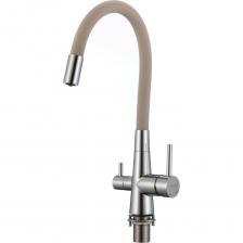 Смеситель для кухни Fmark представляет собой современное решение для организации водоснабжения на кухне. Он выполнен в стильном дизайне и изготовлен из нержавеющей стали, что обеспечивает долговечность и устойчивость к коррозии. Однорычажная конструкция смесителя с боковым расположением рычага позволяет легко регулировать поток и температуру воды. Особенностью данной модели является наличие переключателя на фильтр, что позволяет удобно использовать фильтрованную воду. Поворотный и гибкий излив обеспечивает удобство в использовании, позволяя направлять поток воды в нужное место. Керамический картридж диаметром 35 мм гарантирует надежную работу запорного механизма. Смеситель устанавливается на раковину или столешницу, что делает его универсальным решением для любой кухни.