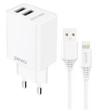 СЗУ PERO TC02 2USB 2.1A c кабелем Lightning White (Белый)