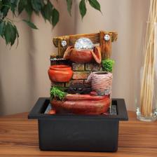 Фонтан настольный «Бочки у каменной стены с забором», 28x23 см, с подсветкой