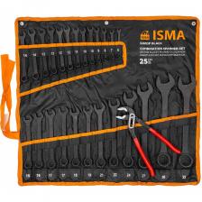 Набор ключей от бренда ISMA — это продуманный комплект из 25 инструментов, включающий комбинированные ключи, переставные пассатижи и чехол-полотно. Он разработан для тех, кто ценит надёжность, удобство и универсальность при работе с крепежом. Ключи выполнены из прочной углеродистой стали с защитным воронёным покрытием, что делает их устойчивыми к коррозии и механическим нагрузкам. Комплект идеально подходит как для профессионального автосервиса, так и для домашнего мастера.