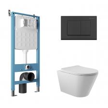 Комплект Aqueduto AQDS098 Унитаз подвесной Cone безободковый, с микролифтом + Система инсталляции для унитазов Tecnica Novo + Кнопка смыва Quadrado черная матовая