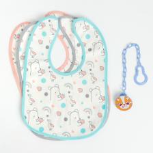 Набор детских слюнявчиков Крошка Я, 3 шт. + подарок, 29x20 см, цвет бирюзовый, розовый, серый