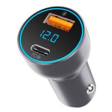 Автомобильное зарядное устройство USB-A + USB-C, PD, QC 3.0, 36W, дисплей, алюминий, графит (11294)