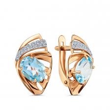 Золотые серьги с топазами Sky и фианитами с родированием