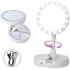 Зеркало косметическое настольное с LED подсветкой круглое, двухстороннее с увеличением 10х, складывающееся, для макияжа