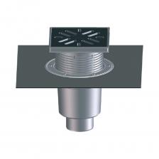 Трап с вертикальным выпуском DN110, с корпусом и надставным элементом из ПП, подрамником из ПП и решеткой из чугуна, с полимербитумным полотном 500х500 мм, с грязеуловителем для предотвращения попадания в канализацию посторонних предметов, с механическим незамерзающим запахозапирающим устройством из ABS.