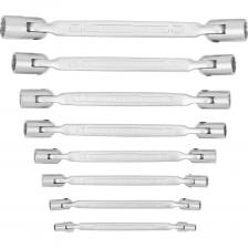 Набор 12-гранных двусторонних шарнирных ключей NORGAU NBS34-008 6x7-20x22 мм, 8 шт. 060510708 используется для ремонтных и монтажных работ. Ключи изготовлены из высококачественной хромованадиевой стали CrV, благодаря чему имеют повышенную износостойкость и защиту от коррозии. За счет высокоточной машинной обработки достигается максимальное соответствие размеру. Специальный 12-гранный профиль накидной части не повреждает крепеж и оптимально передает крутящий момент. Шарнирные ключи дают возможность вести работы в условиях ограниченного пространства, там где применение трещотки затруднительно. Методом горячей штамповки на ключ наносится логотип компании, модель ключа и его размерный ряд.