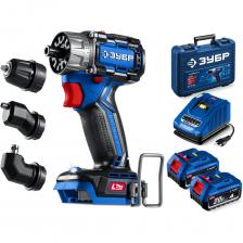 ЗУБР Профессионал Компакт Комби, 20 В, 50 Н·м, 2 АКБ LMS (4 А·ч), бесщеточная дрель-шуруповерт, кейс DB-50-42-H3 - высокотехнологичная модель в новой линейке аккумуляторного инструмента ЗУБР серии LMS. Компактная дрель-шуруповерт профессионального уровня с передовым BRUSHLESS двигателем. Крутящий момент 50 Нм и небольшой вес делают его удобным для наиболее распространенных работ - сверление дерева и металла (при установке соответствующих сверл), заворачивание крепежа диаметром до 8 мм (при установке соответствующих бит), перемешивание ЛКМ (при установке соответствующих насадок) и т.д..Для расширения функциональности в комплекте предусмотрены 3 сменных патрона.Комплектация с двумя аккумуляторами позволяет работать практически без остановки.