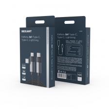 Кабель 2в1 Type-C, Type-C, Lightning 65Вт, 1м, в черной нейлоновой оплетке REXANT, цена за 1 шт