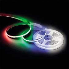 Светодиодная лента из линейки PRO работает от постоянного тока с напряжением 24В.Благодаря светодиодам COB RGBW, излучающим световой поток равный 1000 лм/м, лента является прекрасным решением для организации основного освещения и ярких декоративных подсветок. Она подойдет для создания основного освещения на базе многоуровневых потолков, а также будет отличным выбором для освещения торгового оборудования или требующих большой яркости рекламных вывесок. По сравнению с лампами накаливания светодиодная лента эквивалентна лампам мощностью 100 Вт.Данная модель светодиодной ленты является многоцветной. Каждый светодиод такой ленты имеет 4 базовых цвета: синий, зеленый, красный и холодный белый. В зависимости от используемого контроллера можно получить до 256 различных оттенков свечения, а также чистый дневной белый цвет с цветовой температурой 4000 К.При выборе светодиодной ленты важно учитывать такой параметр, как потребляемая мощность, чтобы правильно подобрать блок питания. У данной модели этот показатель равен 19 Вт на один метр.Степень защиты этого изделия соответствует стандарту IP65 в ПВХ, что позволяет использование не только во влажных помещениях, но и на улице.Отрезать светодиодную ленту можно в специально отмеченных местах, которые располагаются через каждые 70 мм.Компактные размеры светодиодной ленты с шириной 12 мм и основанием из гибкой, двухслойной, медной подложки дают огромное преимущество при создании любых дизайнерских фантазий.