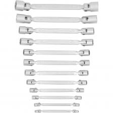 Набор 12-гранных двусторонних шарнирных ключей NORGAU NBS34-012 6x7-30x32 мм, 12 шт. 060510712 используется для ремонтных и монтажных работ. Ключи изготовлены из высококачественной хромованадиевой стали CrV, благодаря чему имеют повышенную износостойкость и защиту от коррозии. За счет высокоточной машинной обработки достигается максимальное соответствие размеру. Специальный 12-гранный профиль накидной части не повреждает крепеж и оптимально передает крутящий момент. Шарнирные ключи дают возможность вести работы в условиях ограниченного пространства, там где применение трещотки затруднительно. Методом горячей штамповки на ключ наносится логотип компании, модель ключа и его размерный ряд.