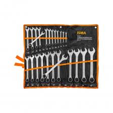 Набор комбинированных ключей от ISMA — это универсальный ручной инструмент, предназначенный для работы с различными резьбовыми соединениями. Каждый ключ сочетает в себе рожковую и накидную часть одного размера, обеспечивая удобство в использовании.Универсальность: Комбинированные ключи позволяют эффективно работать как с тугими крепежными соединениями (накидная часть), так и в ограниченных пространствах (рожковая часть).Легкость идентификации: Размеры ключей проштампованы с обеих сторон для быстрого нахождения нужного инструмента.Долговечный материал: Изготовлены из хромованадиевой стали (Cr-V), что обеспечивает надежность и долговечность.КомплектацияЧехол для хранения: В комплект входит специальное полотно-чехол с кармашками под каждый ключ, что обеспечивает удобство хранения и транспортировки.Люверсы для подвешивания: Чехол снабжен люверсовыми подвесами для простого крепления на стене.Набор комбинированных ключей ISMA — это надежный инструмент, который станет незаменимым помощником как для профессионалов, так и для домашних мастеров, обеспечивая удобство и эффективность при работе с резьбовыми соединениями.