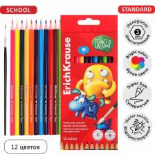 Карандаши акварельные 12 цветов ErichKrause Jolly Friends, дерево, шестигранные с кисточкой, европодвес