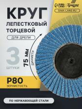 Круг лепестковый торцевой ТУНДРА, по нержавеющей стали, для дрели, М8, 75 мм, P80, 3 шт.