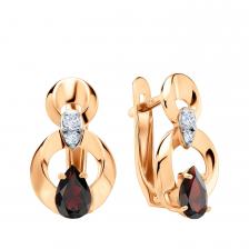 Золотые серьги с гранатом и фианитами с родированием