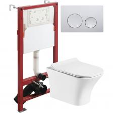 Подвесной безободковый унитаз с инсталляцией и кнопкой смыва от немецкого бренда Orange - функциональное и эргономичное решение. Материал унитаза санфарфор отличается беспористой структурой, высокой прочностью и стойкостью к появлению пятен, что позволит сохранить первоначальный вид изделия на долгие годы использования, гарантия от производителя 25 лет. Обтекаемая форма корпуса не позволяет скапливаться пыли. Мощный каскадный смыв - подарит комфорт при эксплуатации. Безободковая модель - отсутствие недоступных областей для уборки обеспечит простой уход и отсутствие посторонних запахов. В комплекте быстросъемная крышка-сиденье с функцией плавного закрывания Soft-close, сиденье изготовлено из прочного материала - дюропласта, петли крышки-сиденья из нержавеющей стали. Скрытая система монтажа, цвет глянцевый белый. Инсталляция обеспечит минимальный уровень шума и максимальный уровень комфорта при эксплуатации. В комплект входят все необходимые крепления. Максимально допустимая нагрузка 400 кг. Объем смыва 3 и 6 литра позволяет экономить воду, снижая ее расход. Ширина рамы - 500 мм, глубина - 145/165 мм, высота - 1125/1325 мм. Материал - сталь. Кнопка смыва с механическим управлением отличается современным дизайном и гармонично дополнит интерьер. Выполнена в цвете глянцевый хром. Форма кнопок - круглая, материал - пластик.