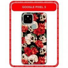 Чехол на Google Pixel 5 / Гугл Пиксель 5 с принтом Черепа с цветами