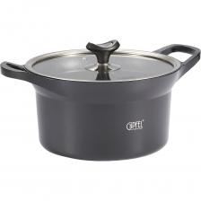 Кастрюля Gipfel Azul Black 51923. Диаметр 24 см, высота 13,5 см. Объем 4,5 л. Толщина дна: 5,2 мм. Толщина стенок: 2 мм. Кастрюля изготовлена из литого алюминия. Кастрюли серии Azul Black выделяются оригинальным дизайном, который обеспечивает насыщенный черный цвет посуды. Однако, помимо внешнего вида, кастрюли этой серии имеют множество других преимуществ. Пожалуй, главным из них является материал, из которого изготовлена посуда, литой алюминий. На сегодняшний день это наиболее качественный тип алюминиевого сплава, обладающий повышенными антидеформационными свойствами. Двухслойное антипригарное мраморное покрытие Greblon Weilburger прочное и безопасное. Кастрюли серии Azul подходят не только для варки, но и для тушения. В комплект входит стеклянная крышка. Упакована в фирменную коробку.