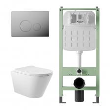 Комплект Alentori Инсталляция SITEMA, Панель смыва с круглыми кнопками, хром + Унитаз подвесной 525*360 безободковый, сиденье Soft-Close, белый матовый, форма конус ALS.SIS1101.CRC0120