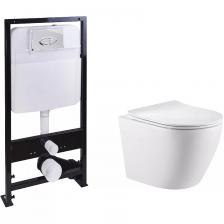 Комплект Унитаз подвесной SantiLine SL-5025 безободковый, с микролифтом, система смыва Tornado + Инсталляция SantiLine SL-01 с кнопкой смыва хром