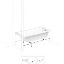 Прямоугольная акриловая ванна Catani производится с лево- или правосторонним разворотом в размерах 160 и 170 см по длине, имеет увеличенную ширину – 80 см. Тонкие линии лицевой и торцевой стенок визуально облегчают конструкцию, а широкий бортик вдоль стенки позволяет разместить предметы гигиены или же установить встраиваемый смеситель. Глубина изделия отлично подходит для купания детей, принятия ванны и душа взрослыми. Основа ванн из литьевого акрила — жесткий 4 мм лист полиметилметакрилата (ПММА), который помещают в вакуум-формовочное оборудование и под большим давлением заполняют матрицу будущей ванны. Для максимальной прочности конструкции по всему основанию купели закладывается усиленная плита ДСтП, а внешняя сторона покрывается смесью полимера с отвердителем и ровингом. После отверждения в ванне высверливают отверстия для слива-перелива. Сифон-автомат Useful Extras от Wellsee изготовлен из полипропилена высокой термической стойкости и прочности, неуязвим к воздействию агрессивных химических средств. Самоочищающаяся форма и изгибы сифона препятствуют скоплению грязи внутри обвязки и поддерживают высокую пропускную способность — 50 л/мин. Конструкция ванны предполагает установку на поперечные ножки или усиленный металлический каркас с максимальной нагрузкой до 500 кг и предусматривает дополнительную фиксацию к стене. Наличие регулировок на каждой ножке и распорках обеспечивает удобство установки на различных поверхностях.