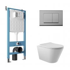 Комплект Aqueduto AQDS101 Унитаз подвесной Cone безободковый, с микролифтом + Система инсталляции для унитазов Tecnica Novo + Кнопка смыва Quadrado хром