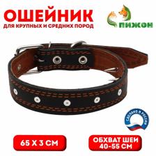 Ошейник кожаный "Строгий шип", 65 х 3 см, ОШ 40-55 см, чёрный