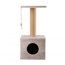 Домоседы Дом-когтеточка (35х35х75 см, диаметр столбика 10 см) кубический с площадкой и джутом для кошек, светло-серый
