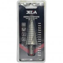 Ступенчатое сверло JEDA J72359 из стали HSS, со спиральным профилем и трехгранным хвостовиком, позволяет получать отверстия диаметром 4-6-8-10-12-14-16-18-20-22-24-26-28-30-32 мм в материалах толщиной до 5 мм: стали, цветных металлах, нержавейке и пластике. Благодаря плавному ступенчатому переходу и возможности сразу снять фаску отверстие получается аккуратным и имеет ровные края. Количество ступеней - 15 штук. Диаметр ступеней – 4-6-8-10-12-14-16-18-20-22-24-26-28-30-32 мм. На каждой ступени есть маркировка фактического диаметра. Сверло изготовлено из быстрорежущей стали HSS.