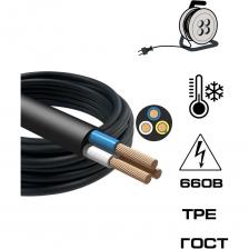 Кабель для удлинителей гибкий, морозостойкий на напряжение 0,66 кВ круглой формы. Изоляция выполнена из композиции на основе термоэластопластов. Кабель соответствуют требованиям ГОСТ 24334-2020. Кабель имеет 3 медные многопроволочные жилы сечением 1,5 мм2. Кабель морозостойкий КГтп-ХЛ iTOK главным образом предназначен для Силовых и Бытовых удлинителей, питания переносного оборудования и электроинструмента: бетономешалки, электроподъёмные устройства, электрогенераторы и другое строительное и бытовое оборудование. Кабель для удлинителей КГтп-ХЛ iTOK является холодостойким и способен функционировать в различных условиях: внутри и вне помещений, независимо от уровня влажности и других погодных условий, дождевая вода, лужи и грязь не влияют на его работоспособность. Конструкция и характеристики кабеля КГтп-ХЛ iTOK соответствуют категории ГОСТ+, что даёт 100% гарантию максимального качества. Цвет оболочки кабеля черный. Бухта 15 метров.