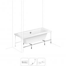 Прямоугольная ванна Evan производится в классических размерах 17075, 18080 см и в увеличенных XL-размерах: 19090 и 20090 см. Просторная купель, удобные пологие спинки и смещенный в центр ванны слив позволяют максимально комфортно расположиться и принимать водные процедуры вдвоем. Армированные стенки и дно ванны способны выдержать значительную нагрузку, что подтверждено в ходе многочисленных испытаний. Основа ванн из литьевого акрила — жесткий 4 мм лист полиметилметакрилата (ПММА), который помещают в вакуум-формовочное оборудование и под большим давлением заполняют матрицу будущей ванны. Для максимальной прочности конструкции по всему основанию купели закладывается усиленная плита ДСтП, а внешняя сторона покрывается смесью полимера с отвердителем и ровингом. После отверждения в ванне высверливают отверстия для слива-перелива. Сифон-автомат Useful Extras от Wellsee изготовлен из полипропилена высокой термической стойкости и прочности, неуязвим к воздействию агрессивных химических средств. Самоочищающаяся форма и изгибы сифона препятствуют скоплению грязи внутри обвязки и поддерживают высокую пропускную способность — 50 л/мин. Конструкция ванны предполагает установку на поперечные ножки или усиленный металлический каркас с максимальной нагрузкой до 500 кг и предусматривает дополнительную фиксацию к стене. Наличие регулировок на каждой ножке и распорках обеспечивает удобство установки на различных поверхностях.