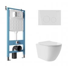 Комплект Aqueduto AQDS122T Унитаз подвесной Ovo Plus безободковый, с микролифтом, смыв Tornado + Система инсталляции для унитазов Tecnica Novo + Кнопка смыва Circulo белая глянцевая