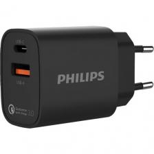 Сетевое зарядное устройство Philips DLP4317, USB-A, USB-C, 20Вт, 1.5A, черный [dlp4317cb/70]